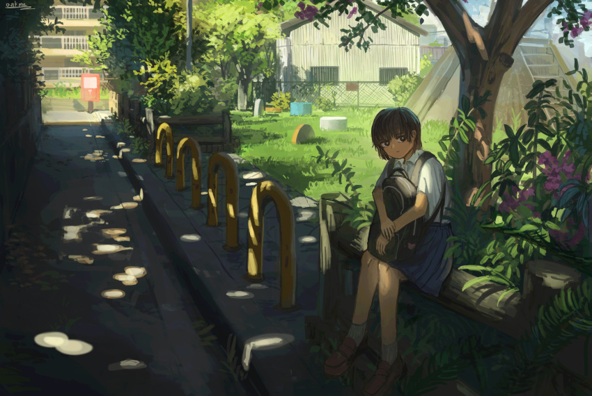 1girl, absurdres, anko1127, backpack, bag, blue_skirt, brown_eyes, brown_footwear