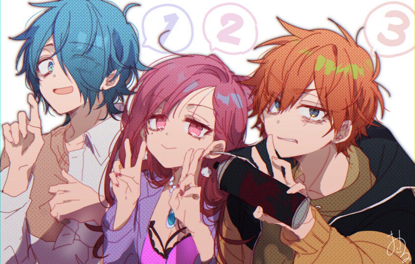 1girl, 2boys, blue_eyes, blue_hair, hair_over_one_eye, highres, kajiyama_fuuta, kao_ru05