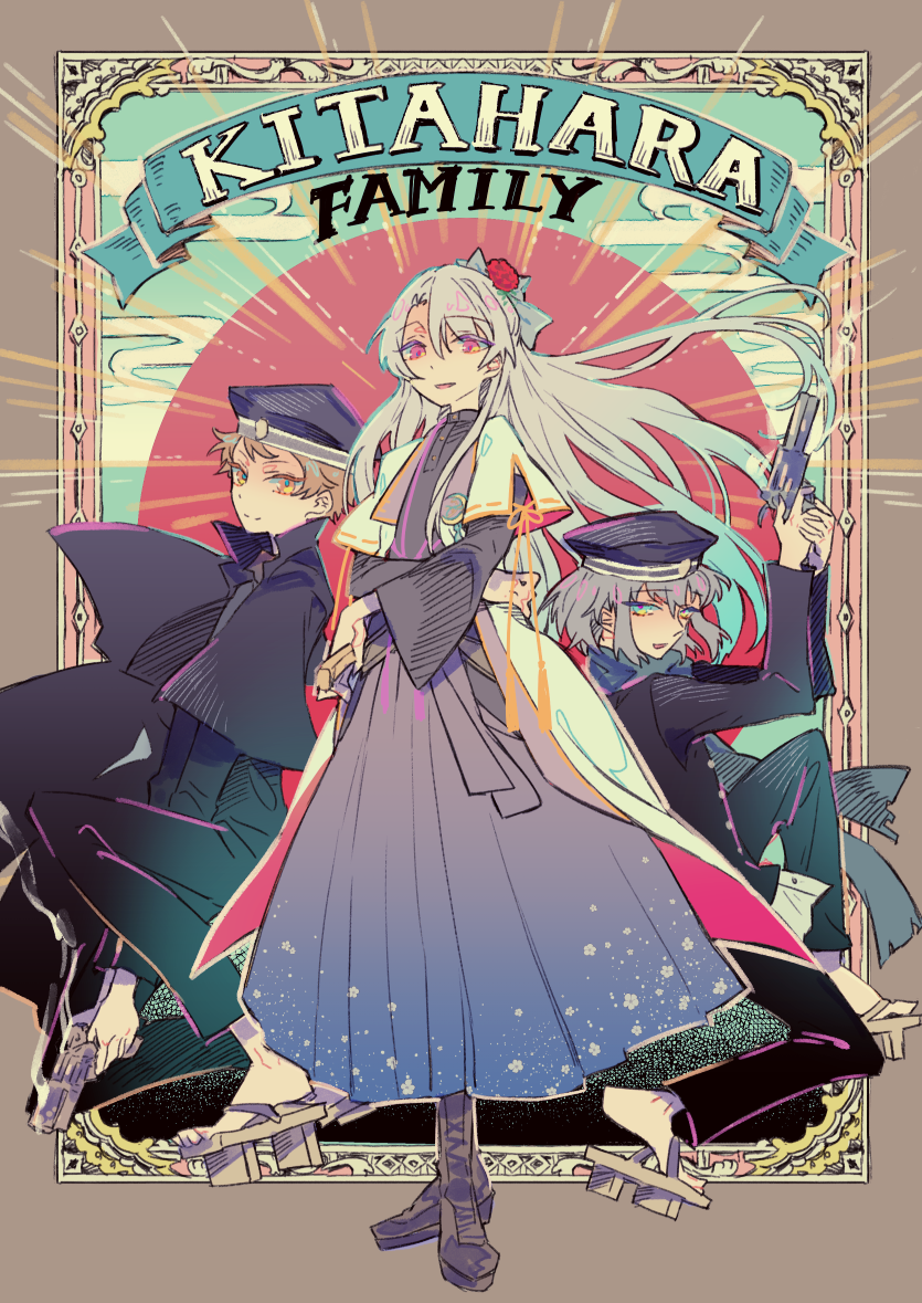 1girl, 2boys, :d, between_legs, black_cape, black_headwear, black_jacket, black_pants