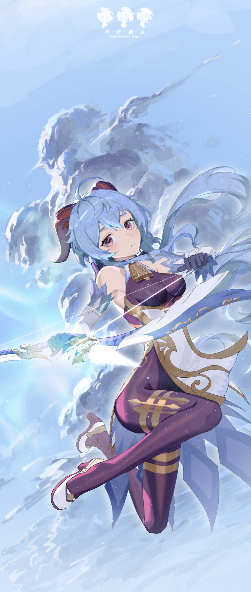 1girl, absurdres, ahoge, amos'_bow_(genshin_impact), bare_shoulders, bell, black_pantyhose, blue_hair