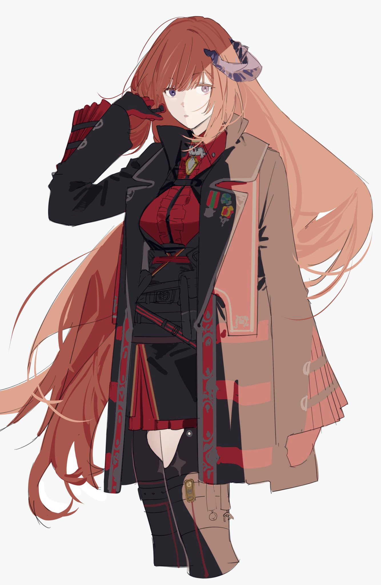 1girl, arknights, bagpipe_(arknights), bagpipe_(royal)_(arknights), black_gloves, black_pantyhose, black_skirt, breasts, brown_coat, clothing_cutout, coat, coat_on_shoulders, collared_shirt, cropped_legs, dragon_girl, dragon_horns, drkt, framed_breasts, gloves, highres, horns, long_hair, looking_at_viewer, medium_breasts, official_alternate_costume, orange_hair, pantyhose, parted_lips, red_gloves, red_shirt, shirt, simple_background, skirt, solo, thigh_cutout, two-tone_gloves, violet_eyes, white_background