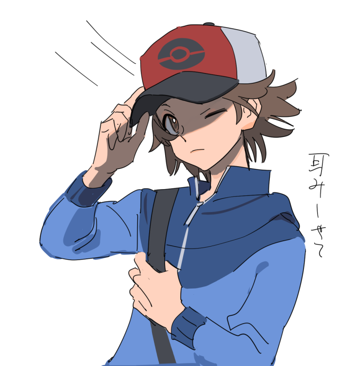 1boy, blue_jacket, brown_eyes, brown_hair, closed_mouth, commentary_request, hand_on_headwear, hat