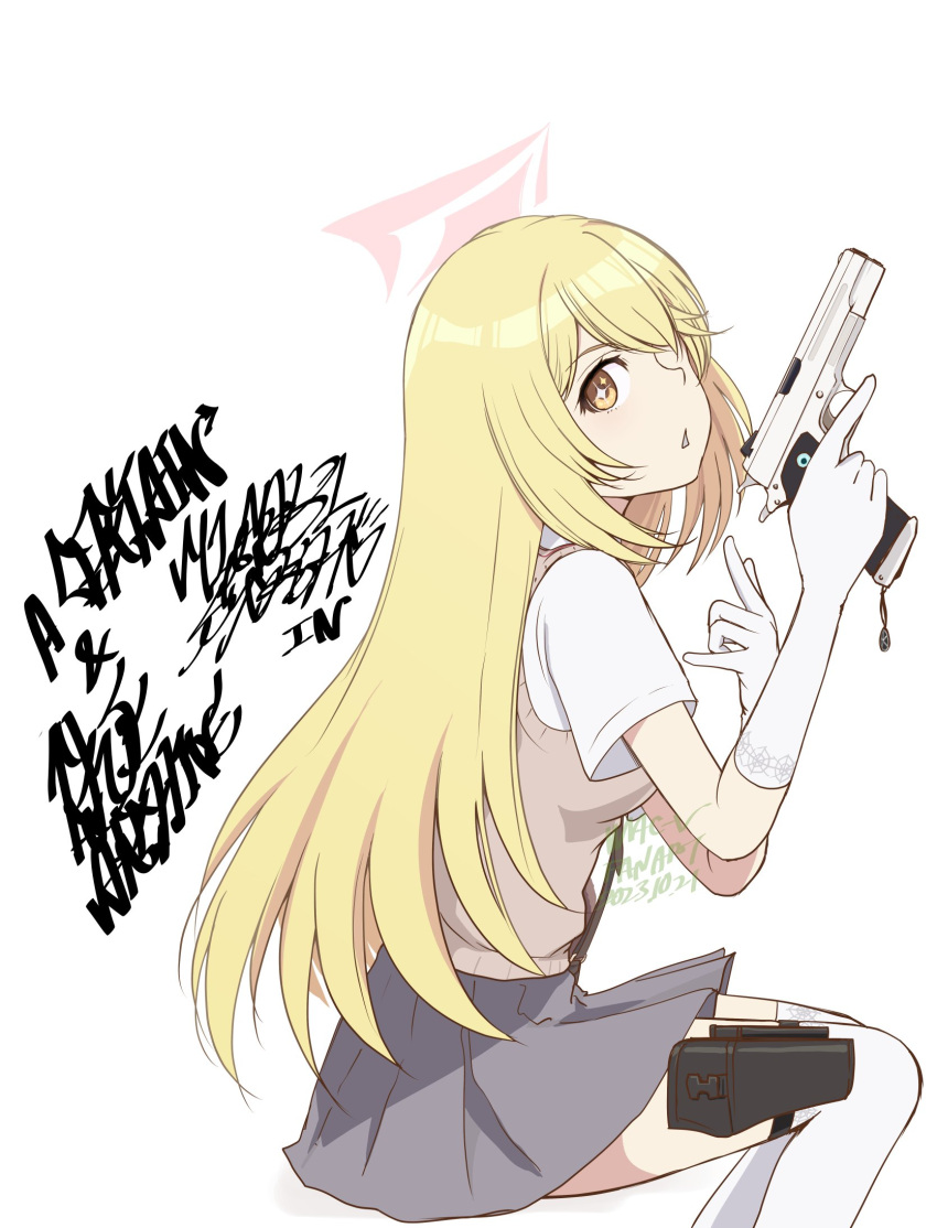 blonde_hair, blue_archive, brown_eyes, collared_shirt, dress_shirt, feet_out_of_frame, grey_skirt, gun