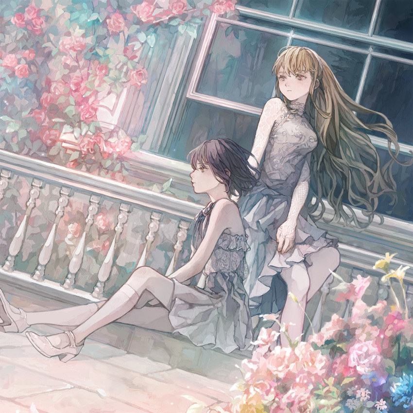2girls, album_cover, bare_shoulders, black_hair, blonde_hair, blue_flower, breasts, closed_mouth