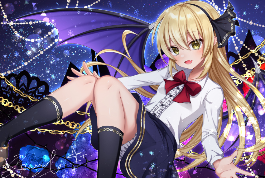 1girl, bat_wings, black_ribbon, black_socks, blonde_hair, chain, demon, demon_girl
