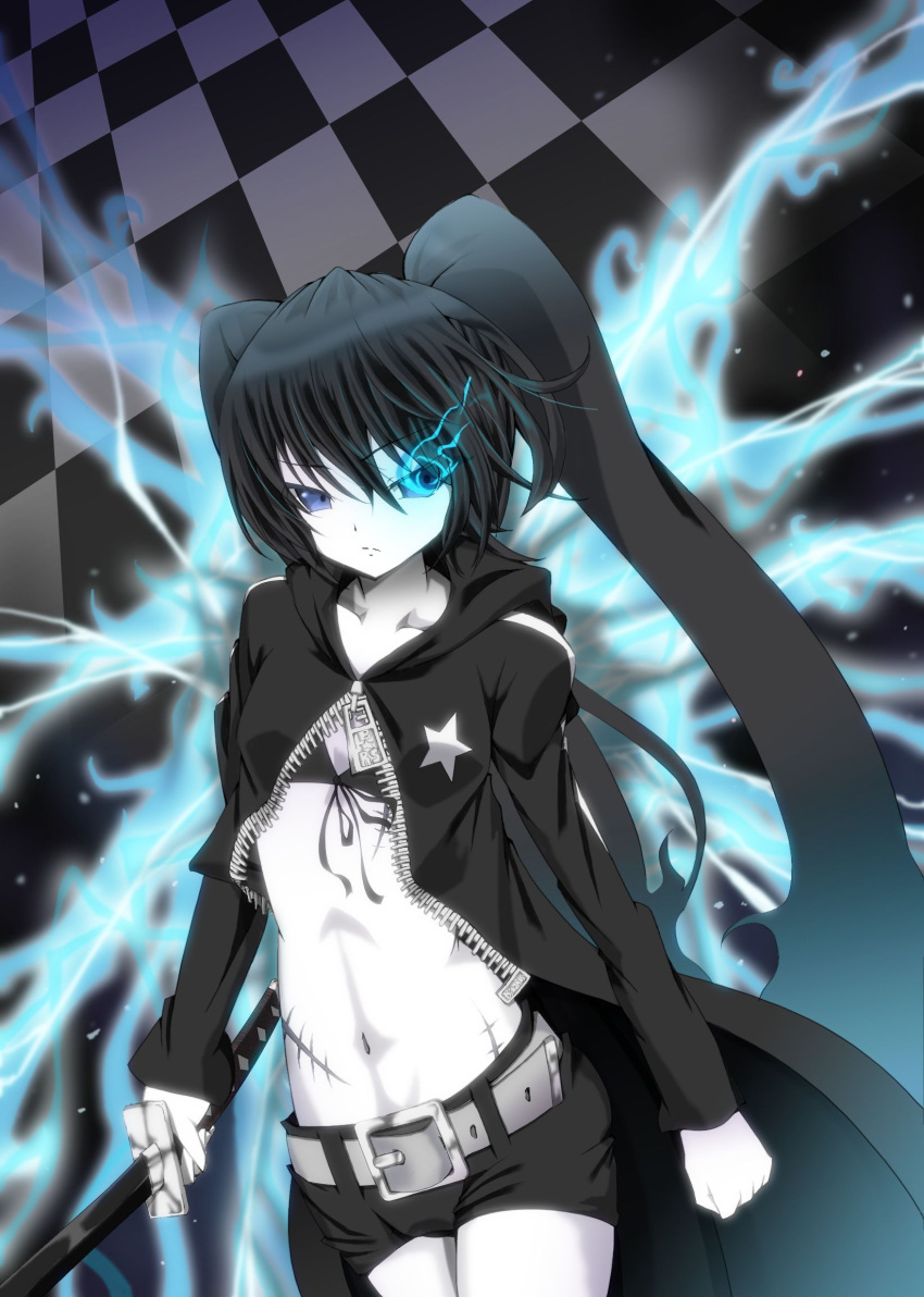 black_hair, black_rock_shooter, black_rock_shooter_(character), blue_eyes, blue_fire, blue_flame, checkered, checkered_floor, coat, fire, highres, long_hair, pale_skin, ruruta, scar, shorts, solo, sword, twintails, weapon