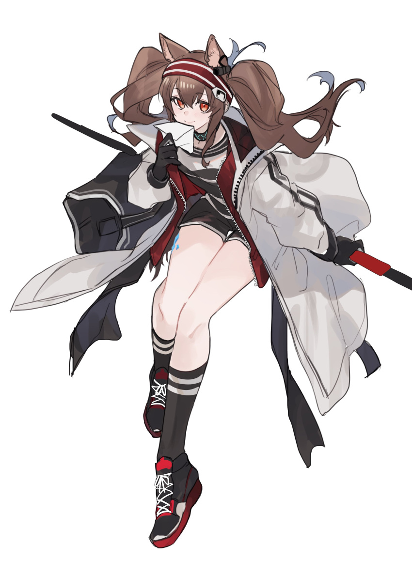 1girl, absurdres, angelina_(arknights), animal_ears, arknights, black_footwear, black_gloves, black_shirt