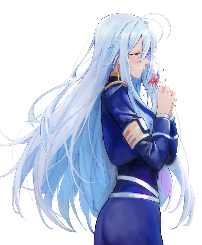 1girl, 86_-eightysix-, absurdres, amolla28293647, antenna_hair, armband, blue_hair, blue_jacket, blue_skirt, flower, from_side, half-closed_eyes, highres, holding, holding_flower, jacket, light_blue_hair, long_hair, long_sleeves, military_uniform, profile, red_flower, simple_background, skirt, solo, spider_lily, uniform, very_long_hair, violet_eyes, vladilena_millize, white_background