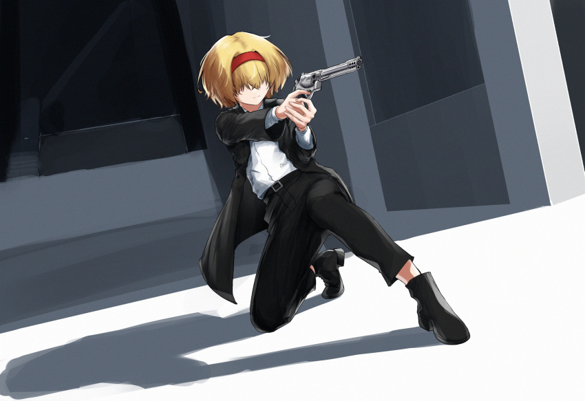 1girl, aiming, alice_margatroid, belt, black_belt, black_coat, black_footwear, black_pants