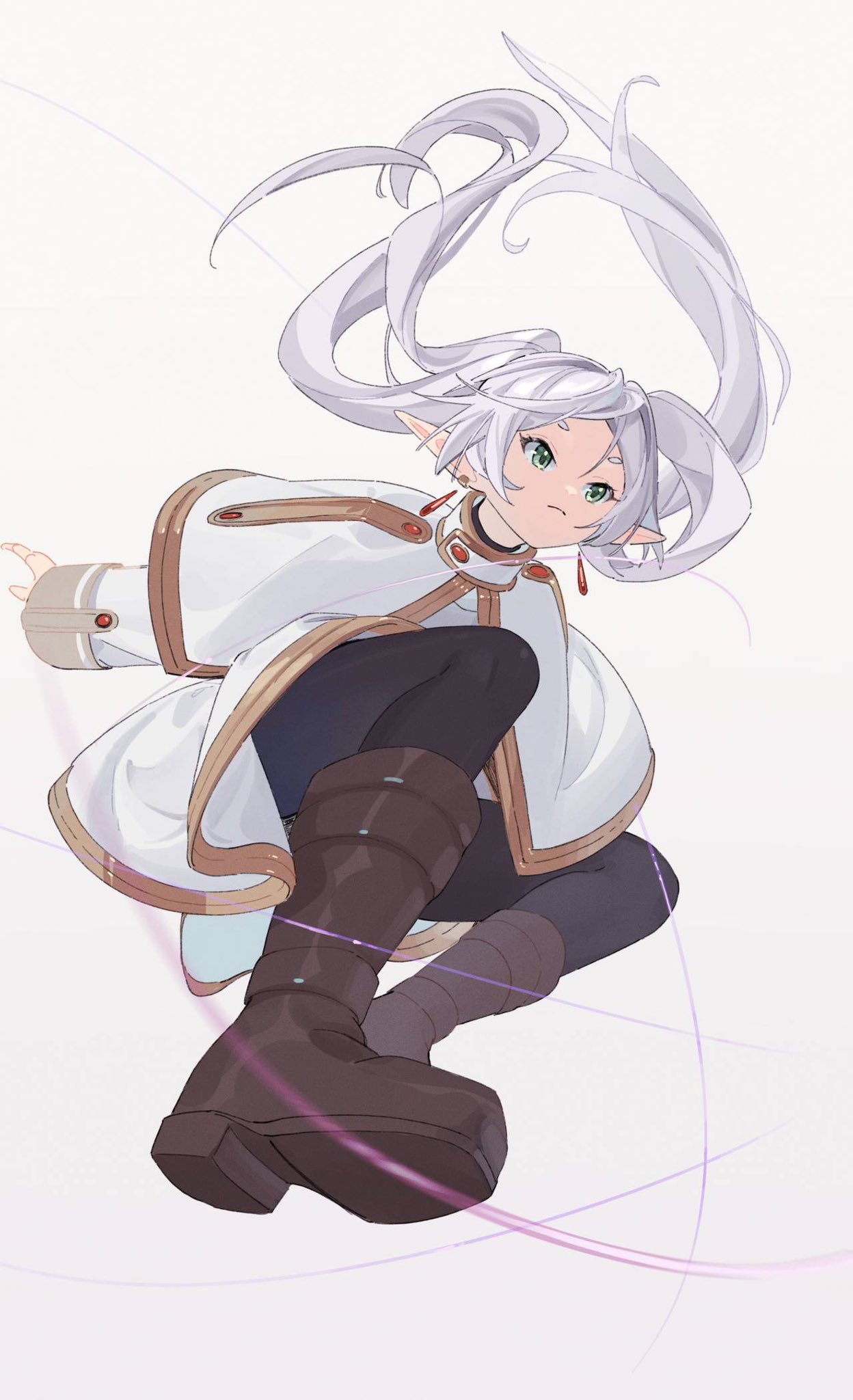 1girl, black_leggings, brown_footwear, cic_tatsumi, dress, earrings, elf, frieren