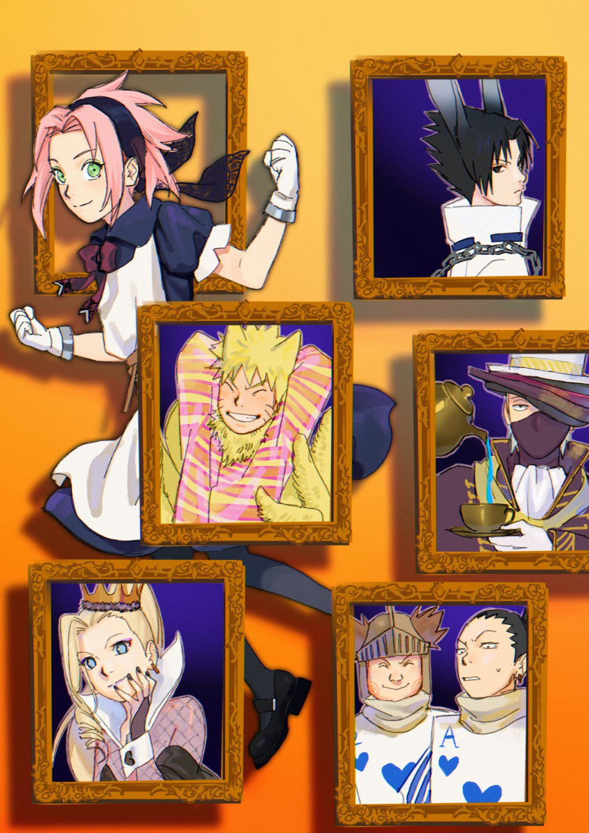 2girls, 5boys, ^_^, akimichi_chouji, alice_(alice_in_wonderland), alice_(alice_in_wonderland)_(cosplay), alice_in_wonderland, animal_ears