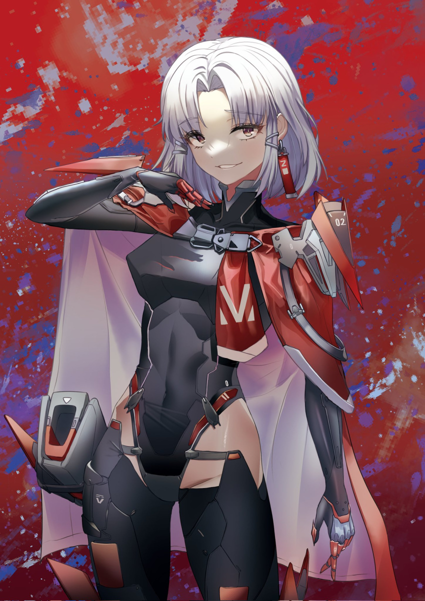 1girl, armor, armored_bodysuit, armored_gloves, armored_leotard, black_leotard, breasts, cape