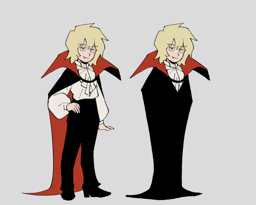 1boy, alternate_costume, alternate_universe, black_cape, black_pants, blonde_hair, cape, closed_mouth