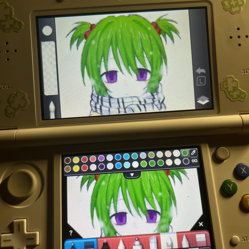 1girl, disappointed, drawing, empty_eyes, expressionless, game_console, green_eyes, green_hair
