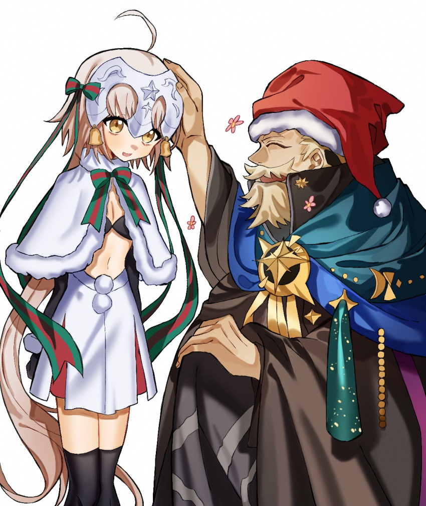 1boy, 1girl, ahoge, beard, cloak, facial_hair, fate/grand_order, fate_(series), grey_hair, hat, headpat, highres, jeanne_d'arc_alter_santa_lily_(fate), mustache, navel, ptolemy_(fate), santa_hat, thigh-highs, wen_zhi_(717256), white_background, yellow_eyes