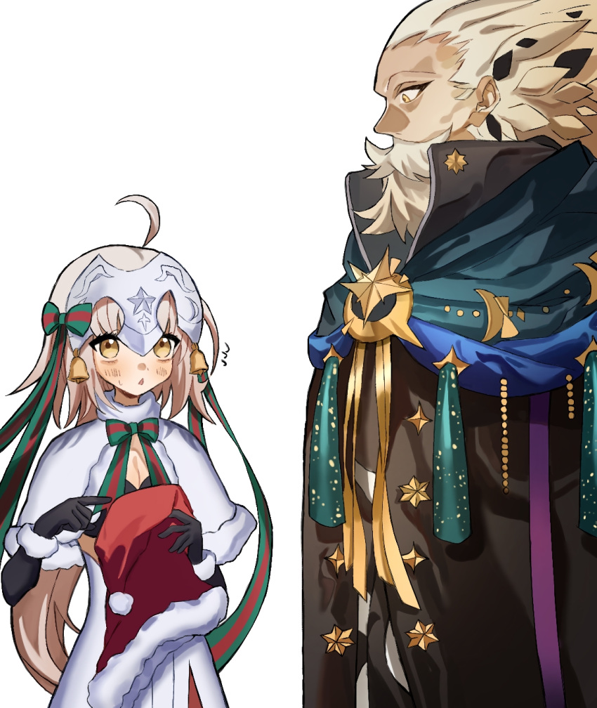 1boy, 1girl, ahoge, beard, bell, black_gloves, cloak, facial_hair