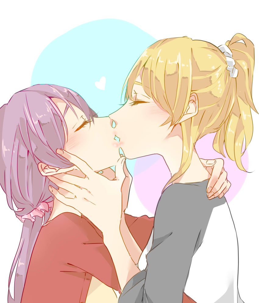 absurdres, ayase_eli, blonde_hair, blush, breasts, closed_eyes, commentary_request, grey_shirt