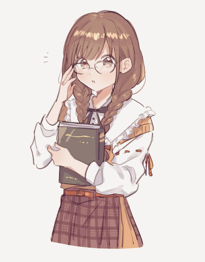 1b_104, 1girl, adjusting_eyewear, belt, bespectacled, black_bow, black_bowtie, book, bow, bowtie, brown_belt, brown_eyes, brown_hair, brown_skirt, cropped_legs, dot_nose, eyelashes, glasses, highres, holding, holding_book, idolmaster, idolmaster_shiny_colors, layered_shirt, light_blush, long_hair, long_sleeves, looking_at_viewer, notice_lines, official_alternate_costume, official_alternate_hairstyle, orange_sweater, parted_lips, plaid, plaid_skirt, raised_eyebrows, red_ribbon, ribbon, ribbon_trim, shirt, short_sleeves, sketch, skirt, solo, sonoda_chiyoko, sweater, swept_bangs, tareme, teeth, white_background, white_shirt, wing_collar