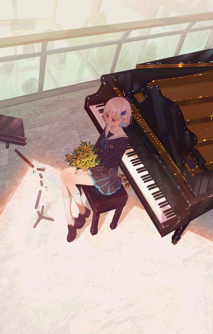 1girl, absurdres, blue_hair, blue_ribbon, blunt_bangs, flower, hair_ornament, highres, holding, holding_flower, instrument, lize_helesta, lize_helesta_(4th_costume), long_sleeves, multicolored_hair, nijisanji, nishinodashi, piano, piano_keys, ribbon, sailor_collar, school_uniform, serafuku, sitting, skirt, solo, two-tone_hair, violet_eyes, virtual_youtuber, white_hair, white_sailor_collar
