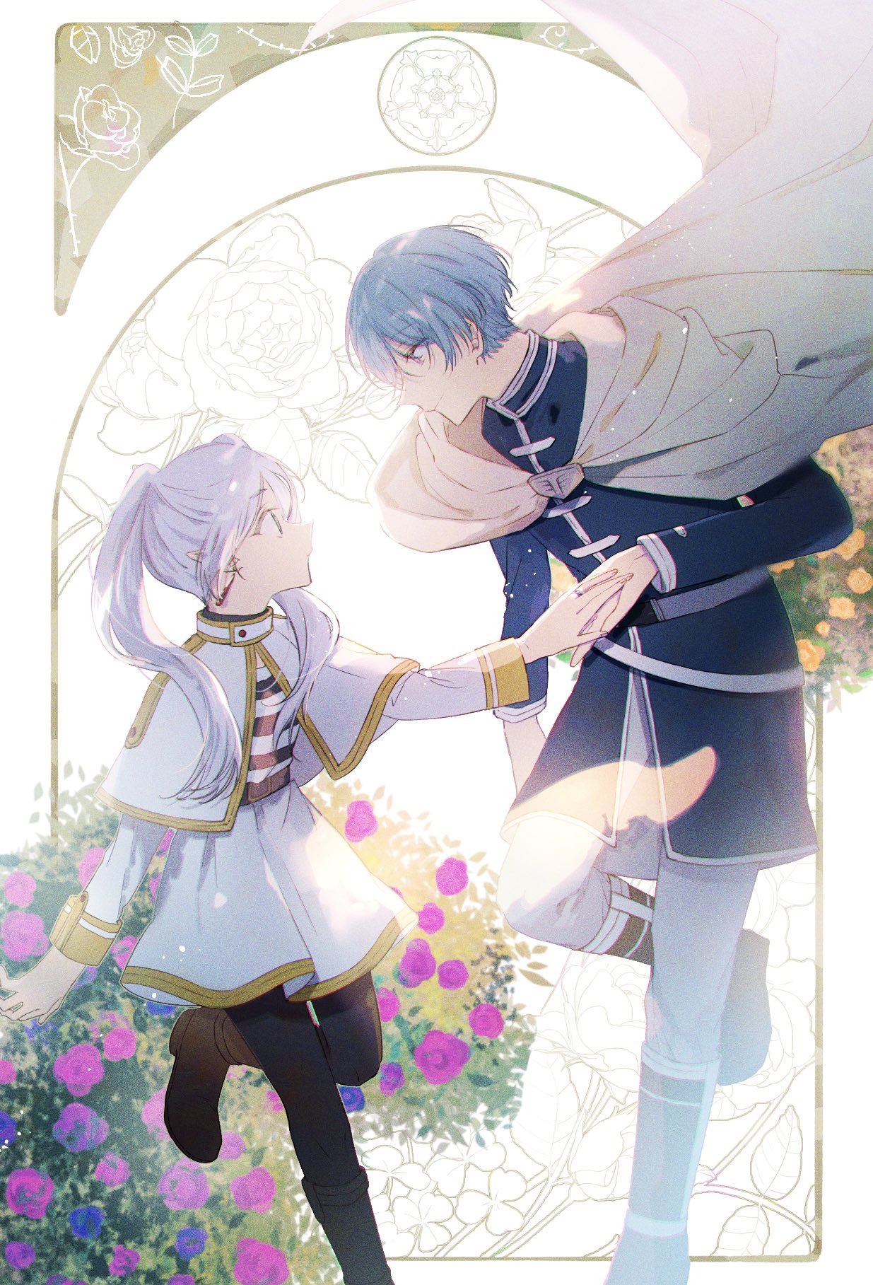 1boy, 1girl, black_pants, blue_hair, blue_shirt, capelet, cloak, dress