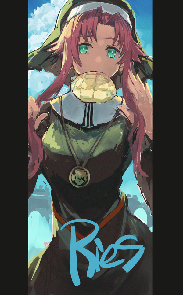 1girl, blue_background, blue_eyes, blue_sky, bread_bun, brown_hair, character_name, clouds