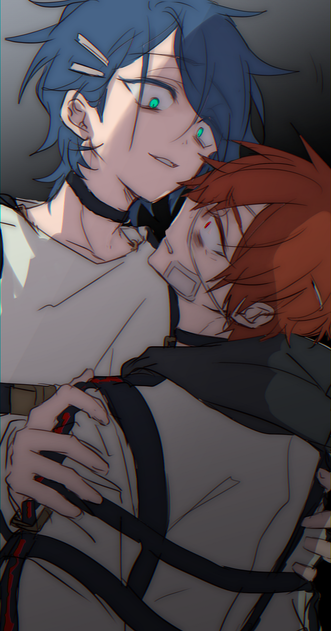 2boys, aqua_eyes, bandaid, bandaid_on_cheek, bandaid_on_face, black_background, black_hoodie, blue_hair