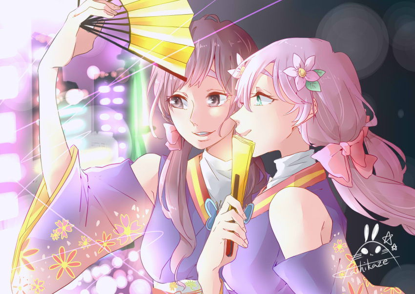 2girls, absurdres, angelic_angel, bare_shoulders, bow, breasts, brown_eyes, brown_hair