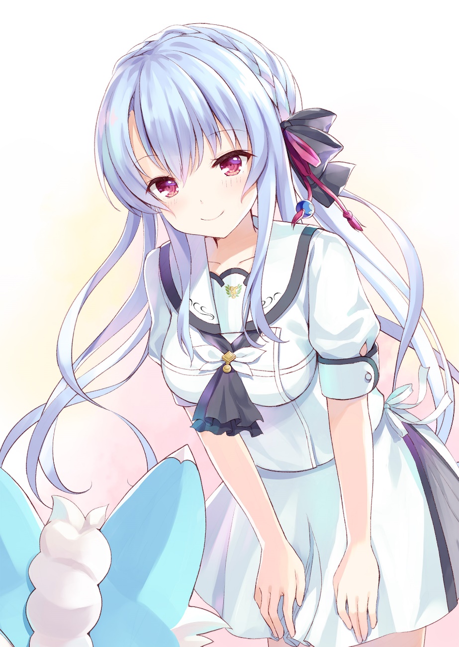 1girl, black_bow, blue_hair, blush, bow, braid, breasts, closed_mouth