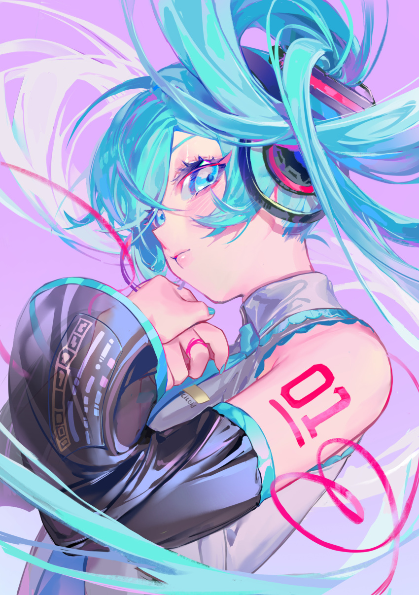 1girl, absurdres, aqua_eyes, aqua_hair, aqua_nails, aqua_trim, bare_shoulders, collared_shirt