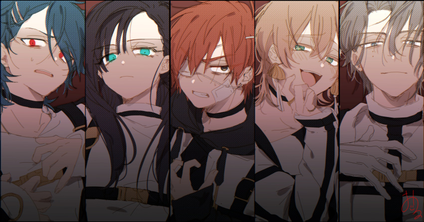 2girls, 3boys, aqua_eyes, black_choker, black_garter_straps, black_hair, blonde_hair, blue_hair