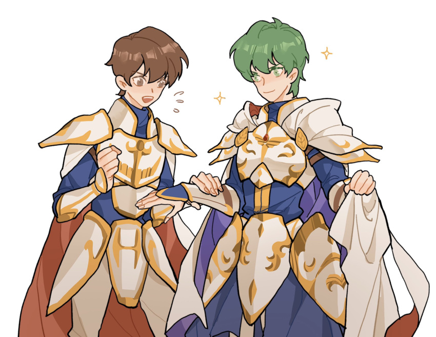 2boys, armor, brown_eyes, brown_hair, cape, ced_(fire_emblem), commentary, cuirass