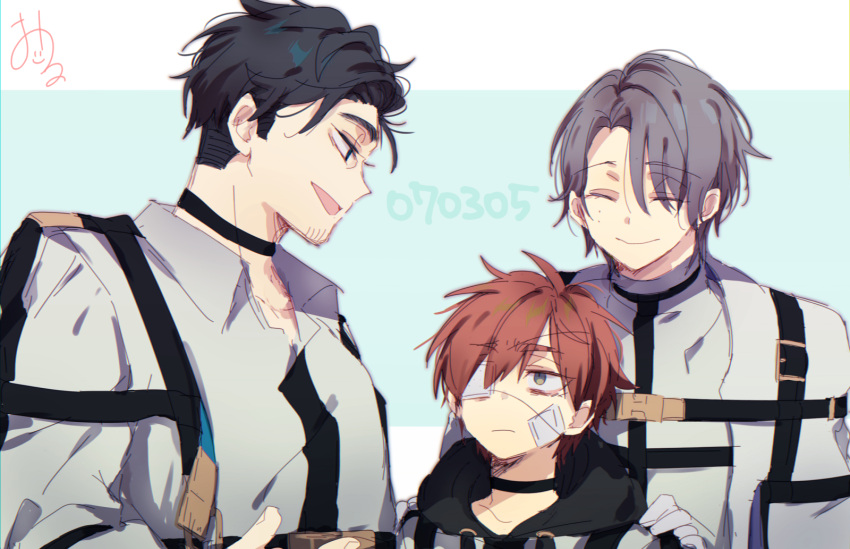 3boys, aqua_background, black_eyes, black_hair, brown_eyes, closed_eyes, closed_mouth, facing_to_the_side