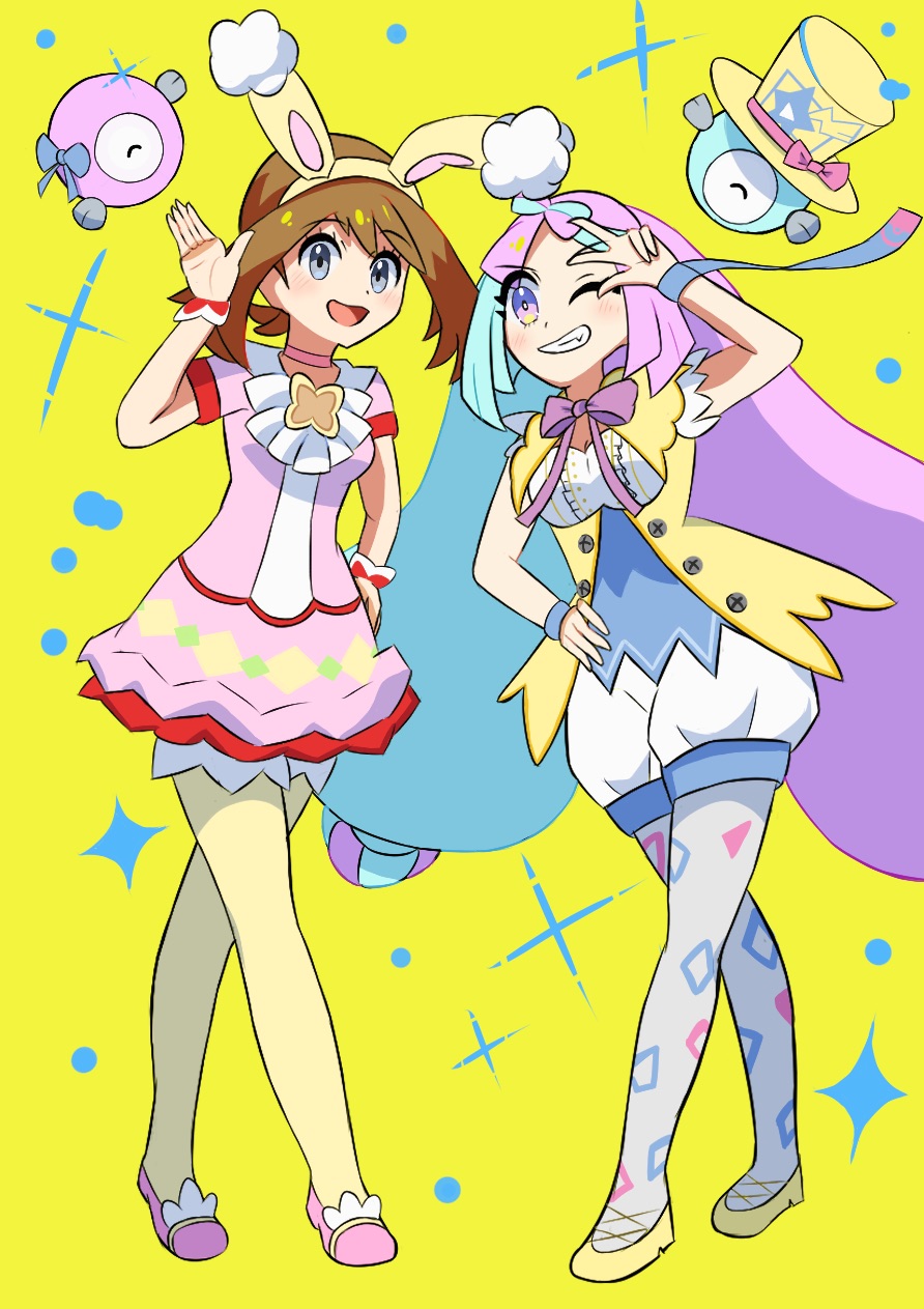 2girls, alternate_costume, animal_ears, brown_hair, commentary_request, dress, fake_animal_ears, full_body