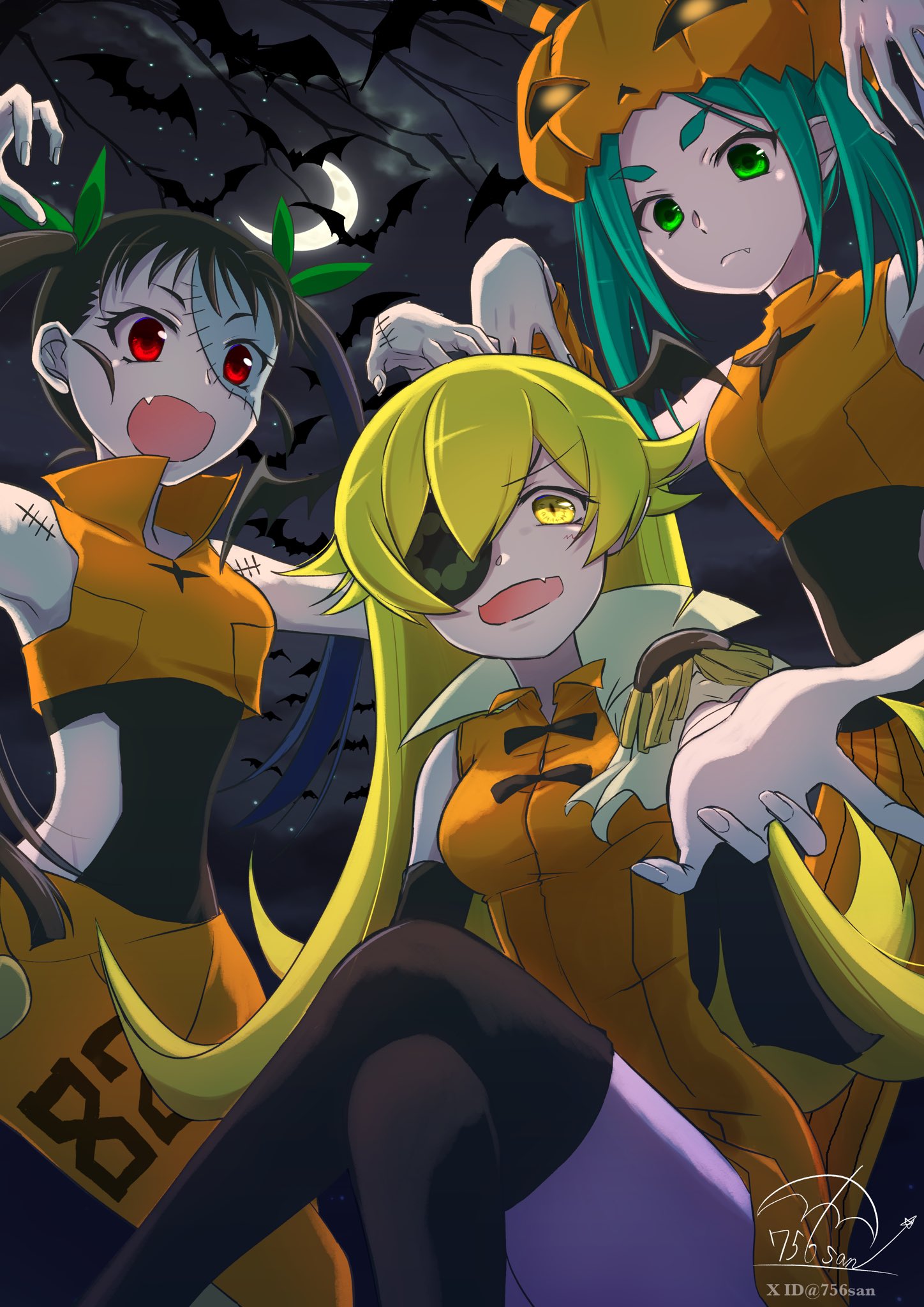 3girls, 756san, :d, aqua_hair, armpits, artist_name, bat_wings, black_dress