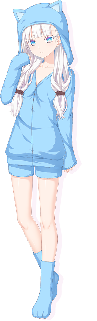 1girl, aikotoba_-silver_snow_sister-, animal_hood, any_(trueblue), blue_eyes, blue_pajamas, blue_shorts, blue_socks, breasts, full_body, hood, hood_up, hoshitsugu_shirone, long_hair, low_twintails, official_art, pajamas, shorts, small_breasts, smile, socks, solo, tachi-e, transparent_background, twintails, white_hair