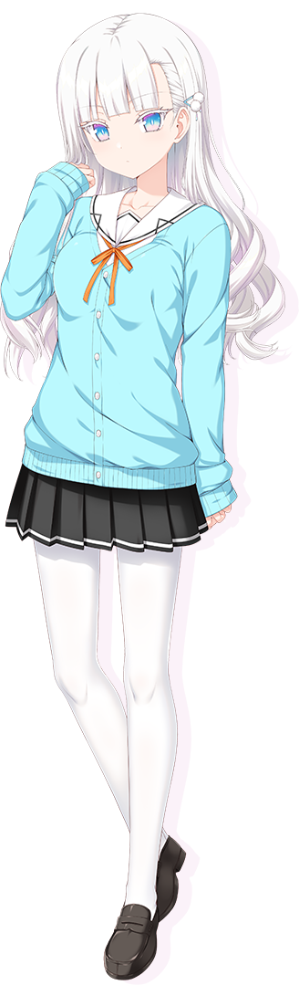 1girl, aikotoba_-silver_snow_sister-, any_(trueblue), black_footwear, black_skirt, blue_cardigan, blue_eyes, breasts, cardigan, expressionless, full_body, hair_ornament, hoshitsugu_shirone, loafers, long_hair, neck_ribbon, official_art, orange_ribbon, pantyhose, pleated_skirt, pom_pom_(clothes), pom_pom_hair_ornament, ribbon, sailor_collar, school_uniform, serafuku, shoes, skirt, sleeves_past_wrists, small_breasts, solo, tachi-e, transparent_background, white_hair, white_pantyhose, white_sailor_collar