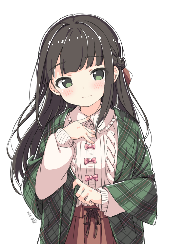 1girl, black_hair, blush, bow, brown_skirt, checkered_shawl, green_eyes, green_shawl