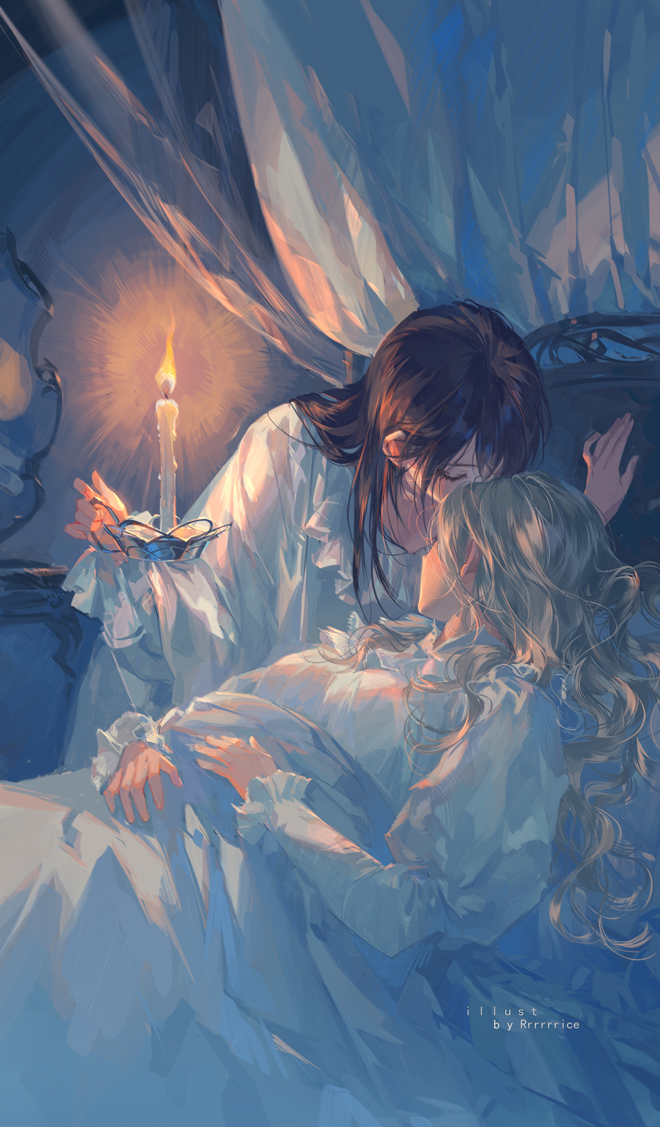 2girls, artist_name, bed, brown_hair, candle, candlestand, closed_eyes, curtains, fire, green_hair, highres, holding, holding_candle, indoors, long_hair, long_sleeves, lying, multiple_girls, nightgown, original, rrr_(reason), single_flame, under_covers, white_nightgown, yuri