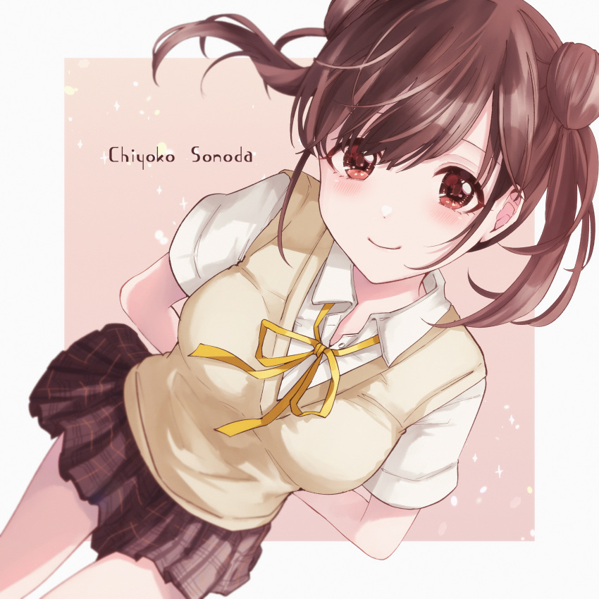 1girl, absurdres, arms_behind_back, blush, breasts, brown_hair, character_name, commentary_request, dark_skin, double_bun, dutch_angle, hair_bun, highres, idolmaster, idolmaster_shiny_colors, kumatsuki_(no-kirin), looking_at_viewer, medium_breasts, neck_ribbon, open_collar, plaid, plaid_skirt, pleated_skirt, red_eyes, ribbon, school_uniform, shirt, skirt, smile, solo, sonoda_chiyoko, twintails, vest, white_shirt, yellow_vest