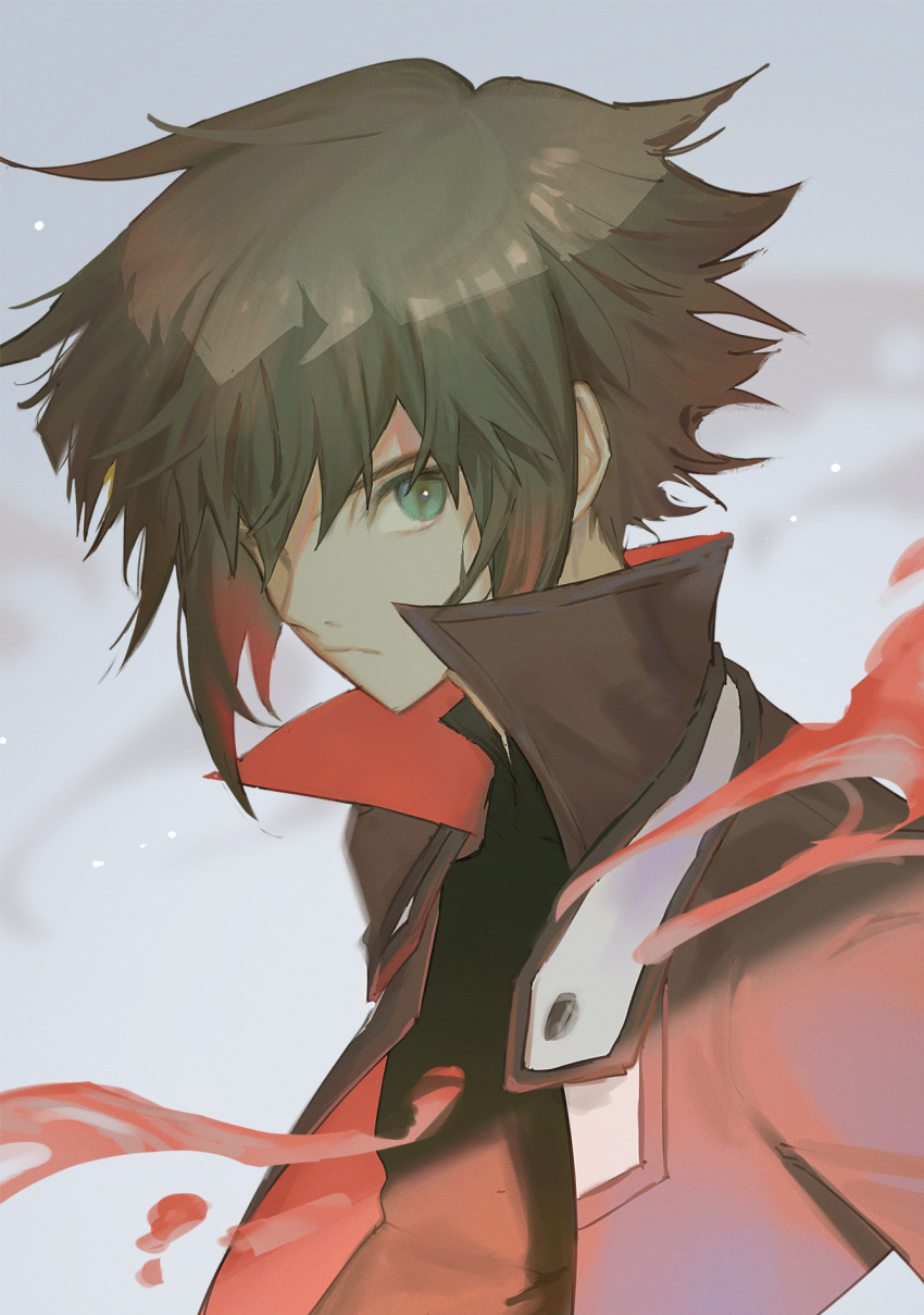 1boy, alternate_eye_color, black_shirt, brown_hair, closed_mouth, duel_academy_uniform_(yu-gi-oh!_gx), fujie_xy, green_eyes