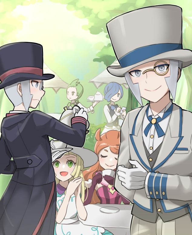 2girls, 4boys, black_headwear, blonde_hair, blue_hair, bow, bowtie, brothers
