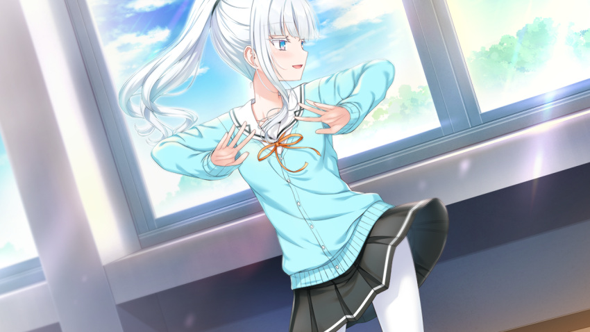 1girl, aikotoba_-silver_snow_sister-, any_(trueblue), black_skirt, blue_cardigan, blue_eyes, blue_sky, blush