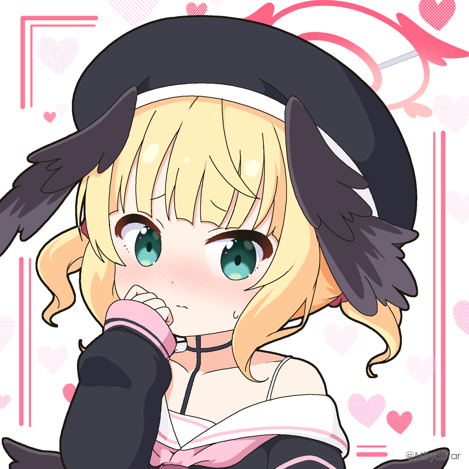 1girl, beret, black_choker, black_headwear, black_shirt, black_wings, blonde_hair, blue_archive