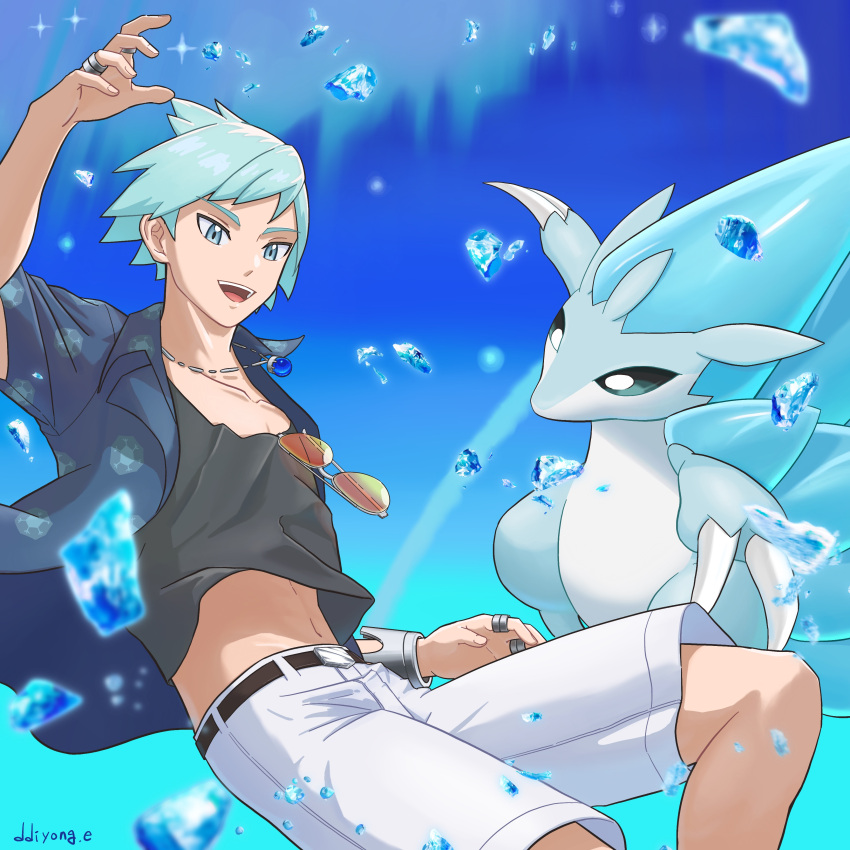 1boy, absurdres, alolan_sandslash, belt, blue_eyes, blue_hair, claws, collarbone