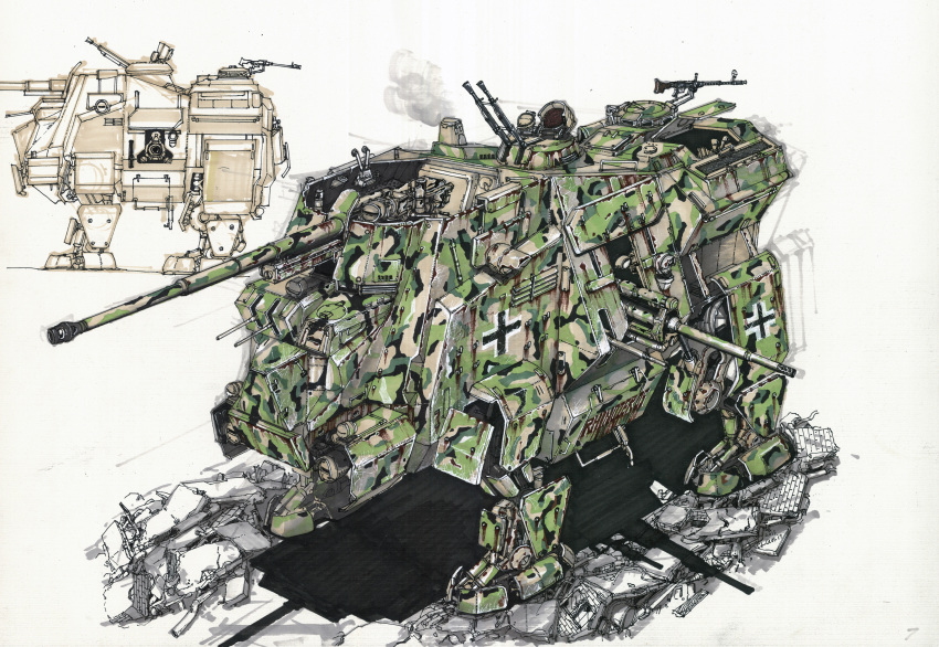 absurdres, alternate_universe, balkenkreuz, camouflage, cannon, chenlongque, comparison, concept_art