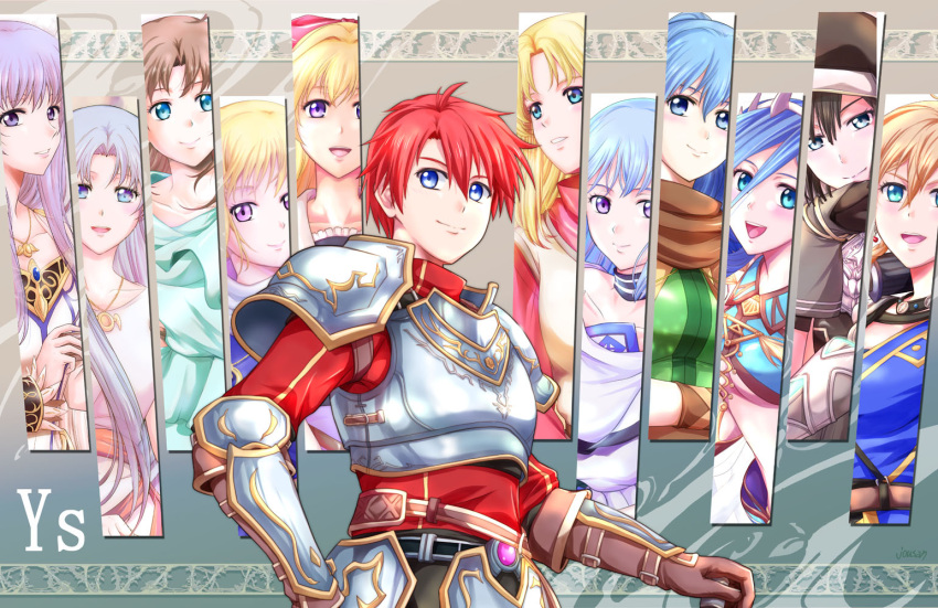 1boy, 6+girls, adol_christin, ancient_ys_vanished, aprilis_(ys), armor, blonde_hair, blue_eyes
