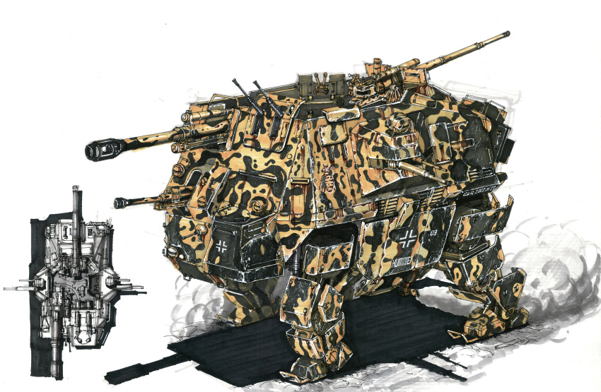 absurdres, alternate_universe, balkenkreuz, camouflage, cannon, chenlongque, comparison, concept_art