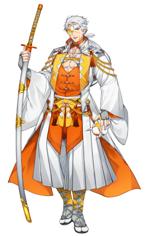 1boy, collarbone, eyepatch, full_body, hakama, japanese_clothes, kartana, katagiri_hachigou