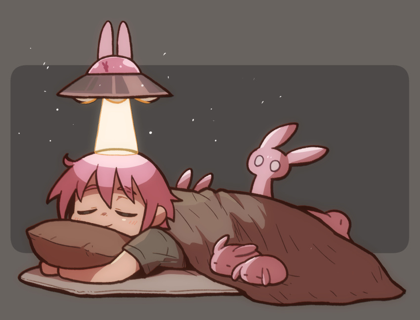 1girl, animal, closed_eyes, commentary, cowlick, flying_saucer, futon, grey_background