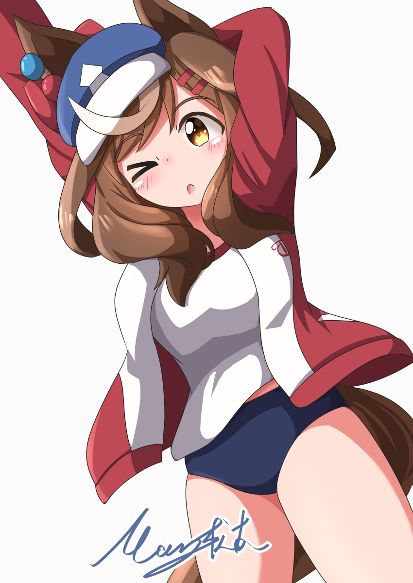 1girl, absurdres, alternate_costume, animal_ears, arm_up, breasts, brown_eyes, brown_hair